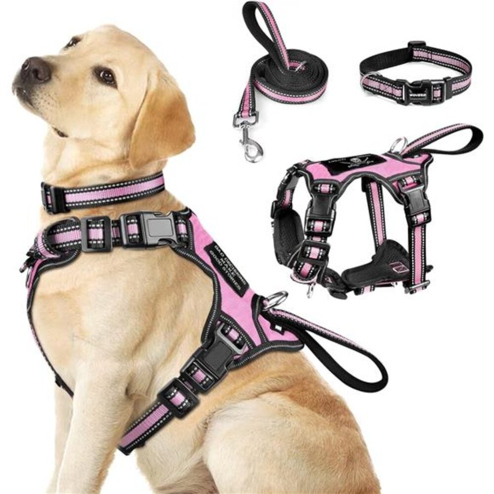 Pet Harness Collar and Leash Set, All-in-one Reflective Dog Harness No Pull
